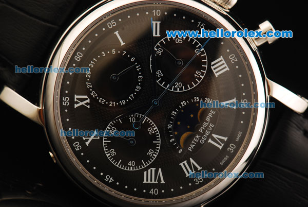 Patek Philippe Grand Complications Swiss Valjoux 7750 Manual Winding Movement Steel Case with Black Dial and Black Leather Strap - Click Image to Close